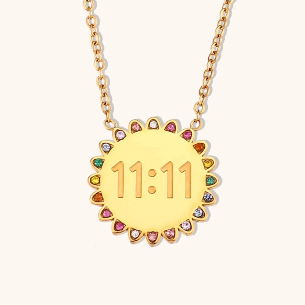 NEW Sunflower 11:11 Angel Number 18K Gold Plated Necklace Rainbow Crystals